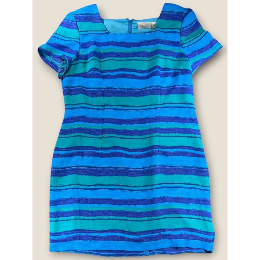 Kathie Lee Collection Blue Teal Striped Square Neck Sheath Dress Size 16 040854